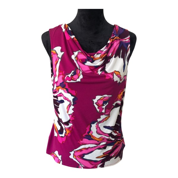 Tahari Tops - Tahari Purple Pink Geometric Floral Corpcore Cowl Neck Sleeveless‎ Tank Top Sz L